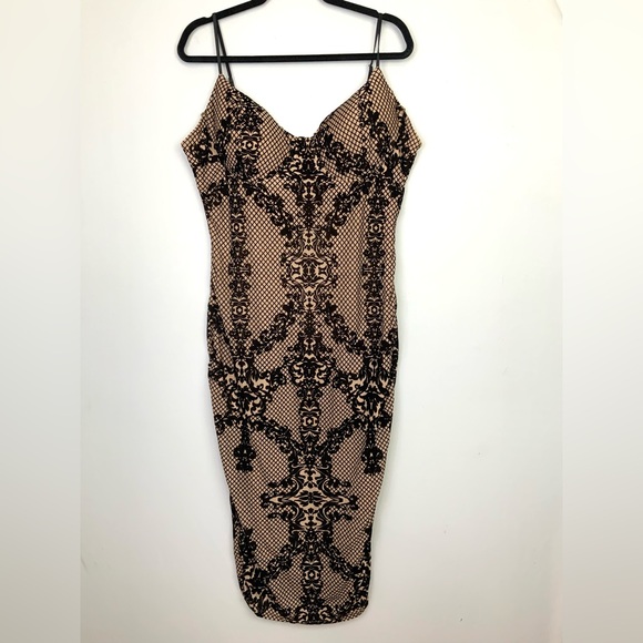 Zenobia Dresses & Skirts - Black Lace Flocked Velvet Sheer Mesh Midi Dress Bustier Bodycon Cocktail 3XL